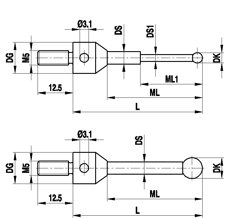 M5 щуп для звёздчатой конфигурации, рубиновый шарик Ø5 мм, стержень из карбида вольфрама, ML 25.5 мм, для систем ZEISS A-5555-0083